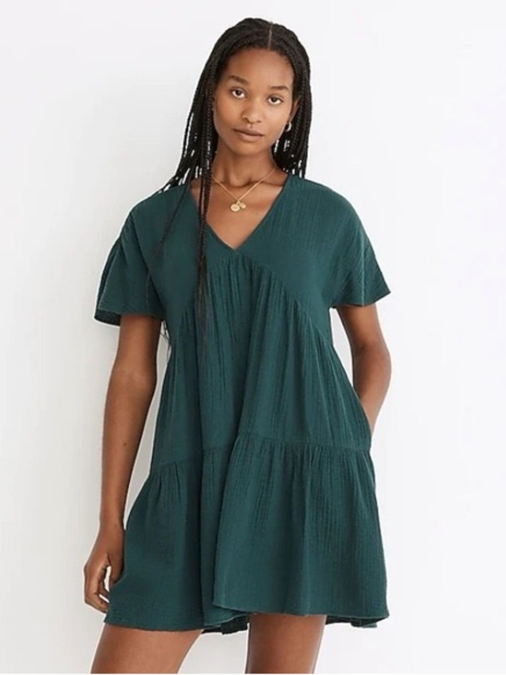 Sz S Madewell dark green short sleeve vneck dress cotton gauzy pockets knee